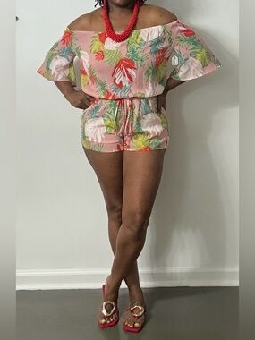 AKIRA Pink Tropical Off-Shoulder Romper